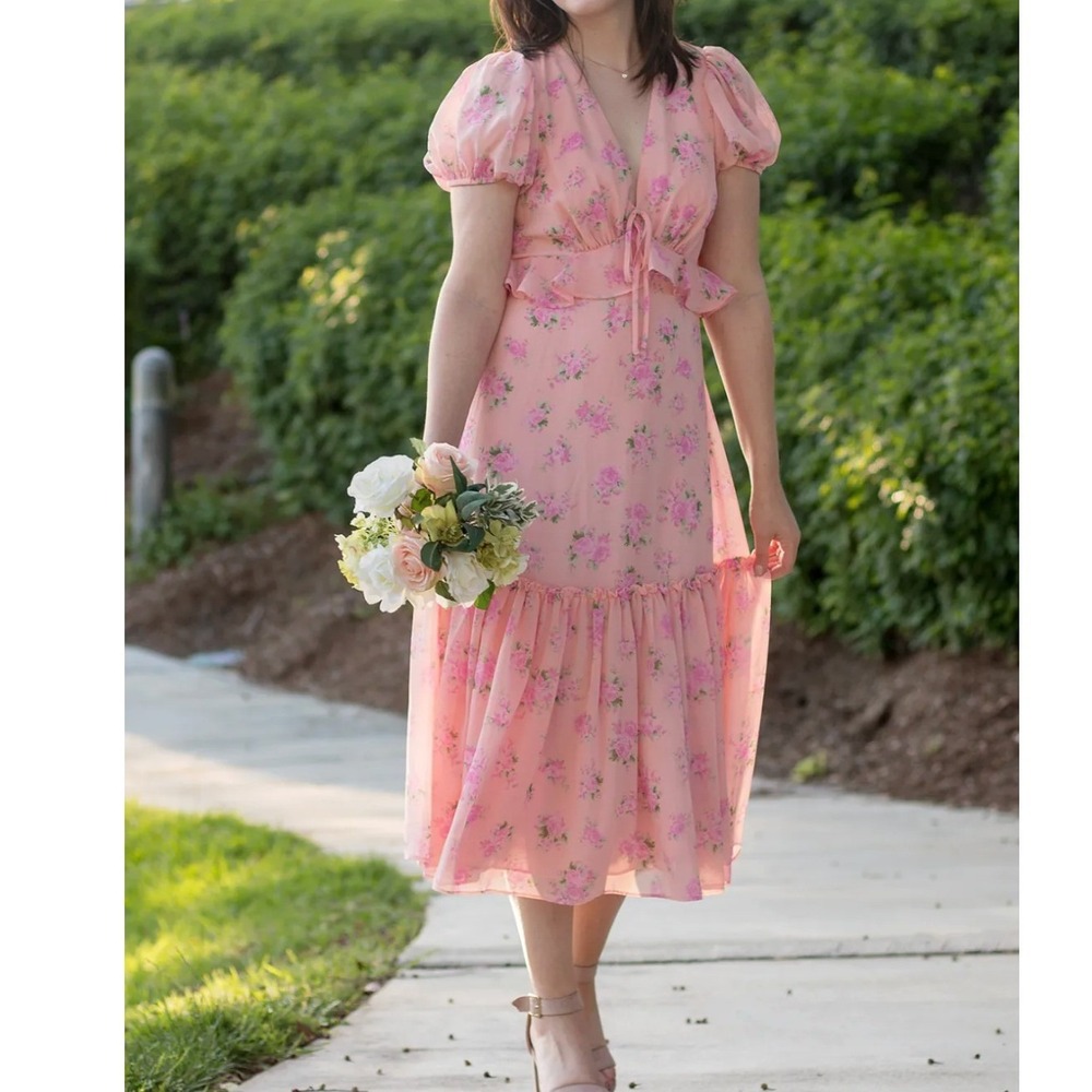 LoveShackFancy Floral Ruffle Midi Dress 14 Pink Puff Sleeve Cottage Romantic